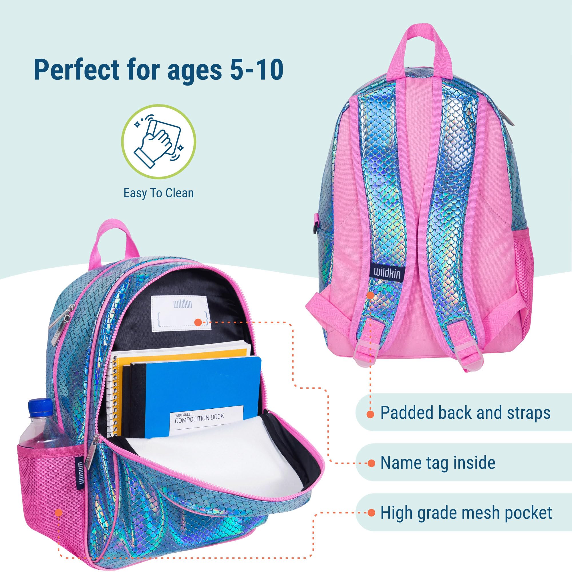 Wildkin 15 Inch Kids Backpack Set with Matching Lunch Box - Mermaid Scales Design | Durable School Backpack for Girls & Boys | Perfect for School, Travel & Daycare