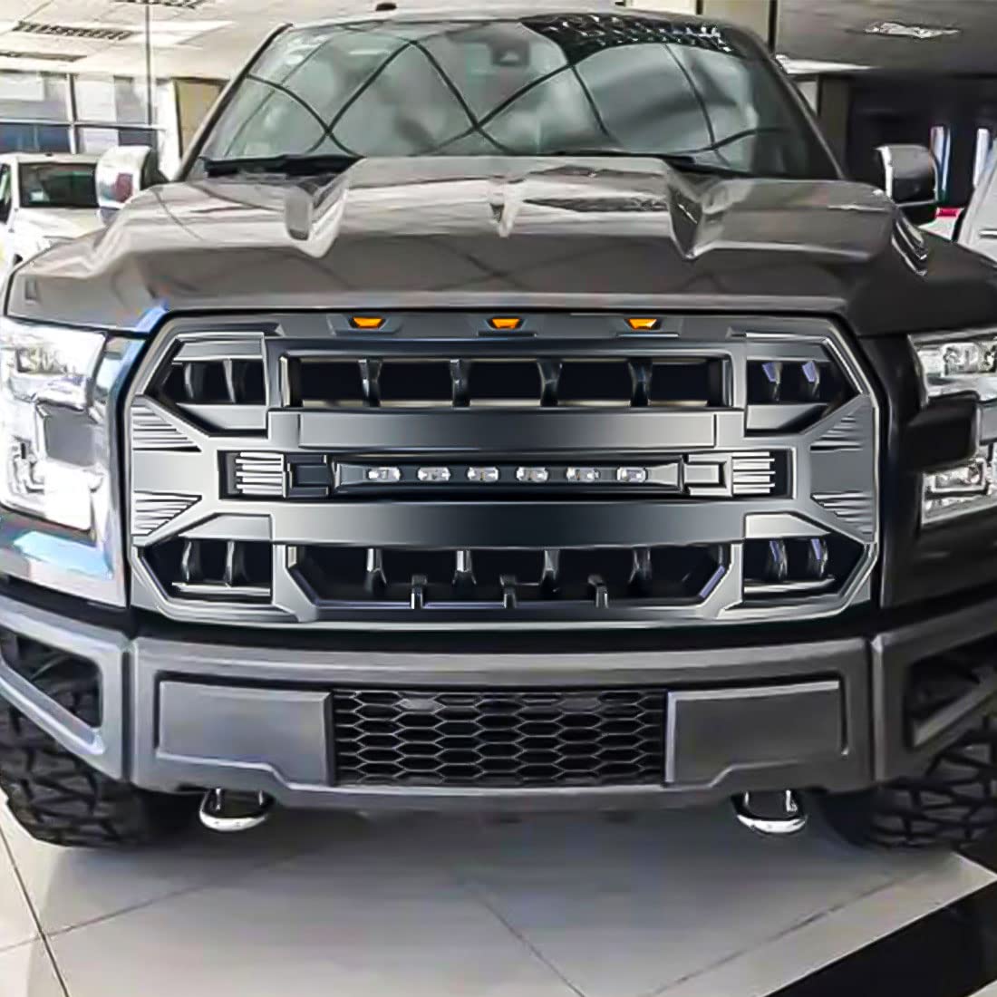 2015-2017 Ford F150 Matte Black Front Bumper Grille Replacement with Off-Road Lights | Durable Truck Grill Upgrade for Off-Roading & Daily Driving