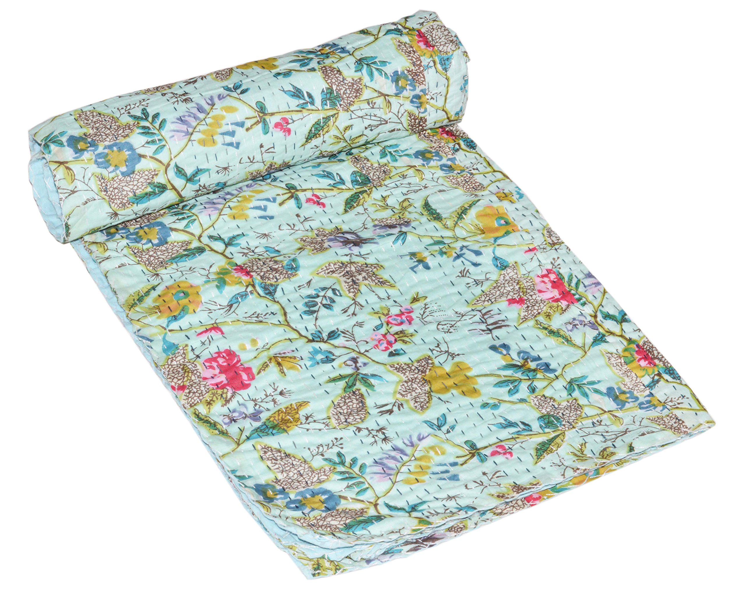 Somukara Pure Cotton Quilt - Twin Size Kantha Throw Blanket | Indian Handmade Palm Tree Design Bedspread | 60x90 Inches | Multicolor Light Green | Perfect for Sofa, Bed, Dorm & Travel