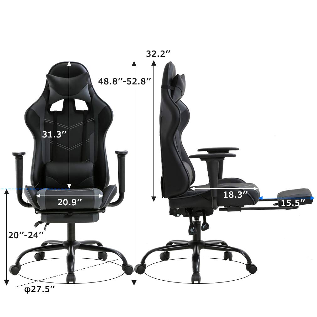 Ergonomic Gaming Chair with Lumbar Support & Headrest - PU Leather Racing Office Desk Chair for Adults - Adjustable Swivel Computer Task Chair with Footrest & Massage Function - Perfect for Home Office, Gaming Setup & Workstation (Black)