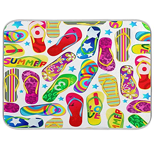 Reversible Colorful Flip Flops Dish Drying Mat - 18x24 Inch Large Absorbent Kitchen Counter Mat for Sink, Fast-Drying Tableware Pad | Perfect for Summer Vacation, Holiday Entertaining & Daily Dish Drainer Rack Replacement