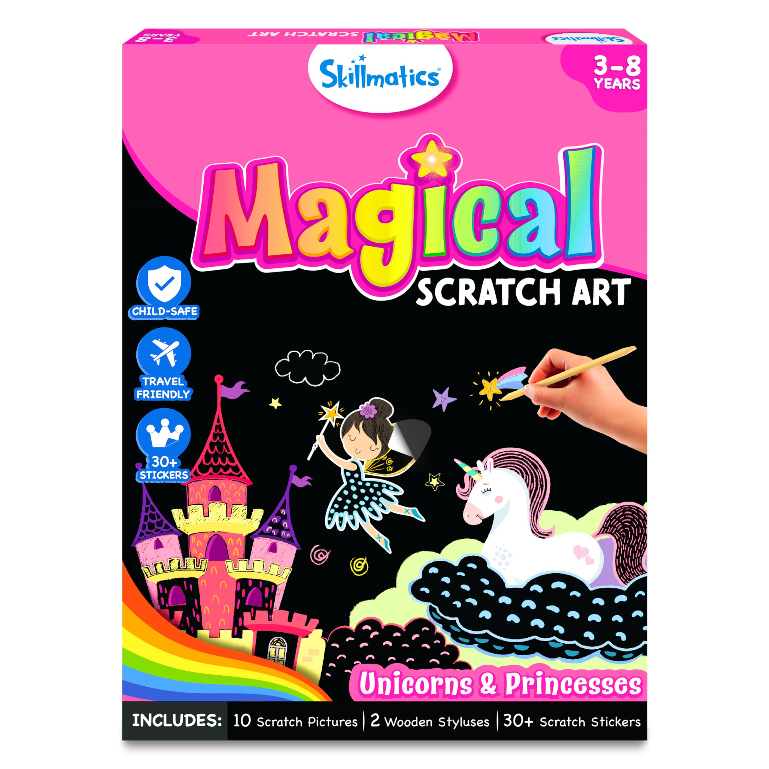 Skillmatics Scratch Art Book for Kids - Unicorns & Princesses DIY Craft Kit with 30+ Scratch Stickers, Travel Toys & Creative Supplies | Perfect Gift for Girls & Boys Ages 3-8 | Fun Activities for Birthday Parties, Road Trips & Rainy Day Play