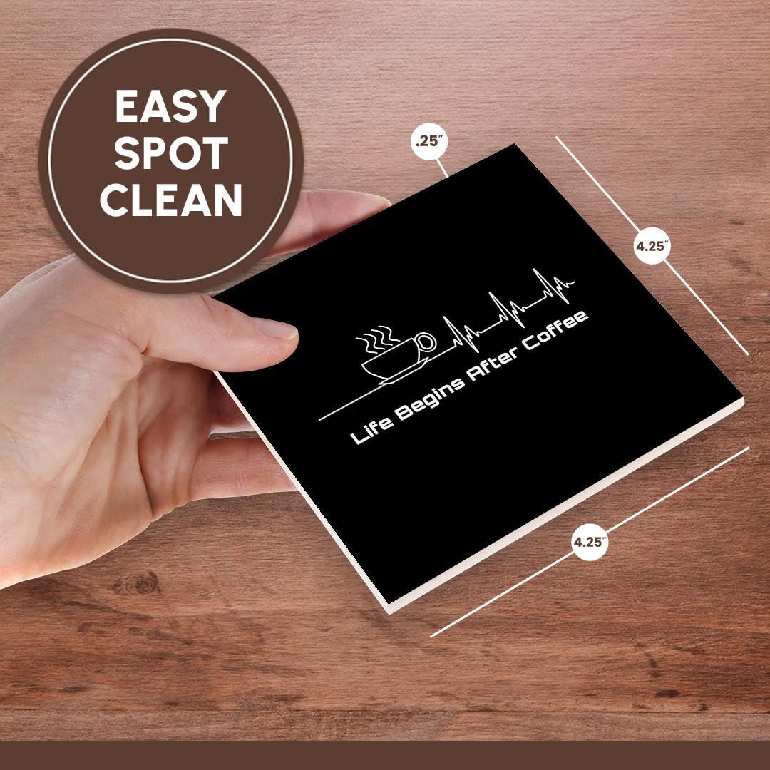 Set of 8 Funny Coffee Ceramic Tile Coasters - 'Life Begins After Coffee' Design for Coffee Lovers | Perfect for Home, Office & Coffee Shop Decor