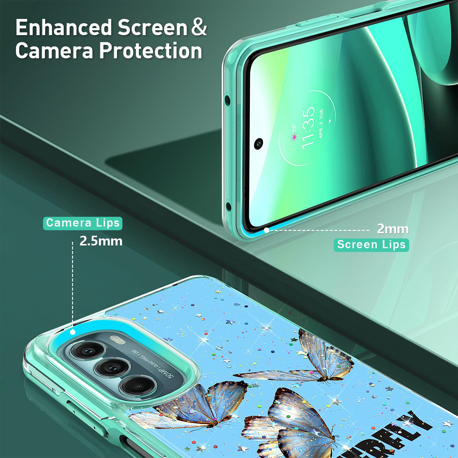 Shockproof Cute Glitter Butterfly Phone Case for Moto G Stylus 5G 2022 [2-Pack] with Screen Protector - Slim Soft TPU & Hard Back Cover for Women & Girls (Teal) | Perfect for Everyday Protection & Stylish Accessorizing