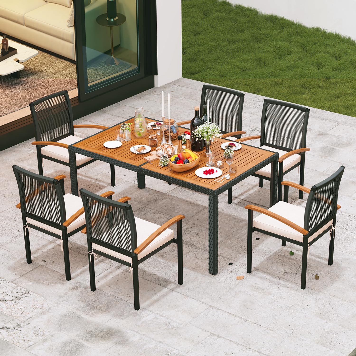 7-Piece Outdoor Patio Dining Set - All-Weather Wicker Table and 6 Chairs for Garden, Yard, Porch, Poolside | Perfect for BBQs, Family Gatherings & Outdoor Entertaining