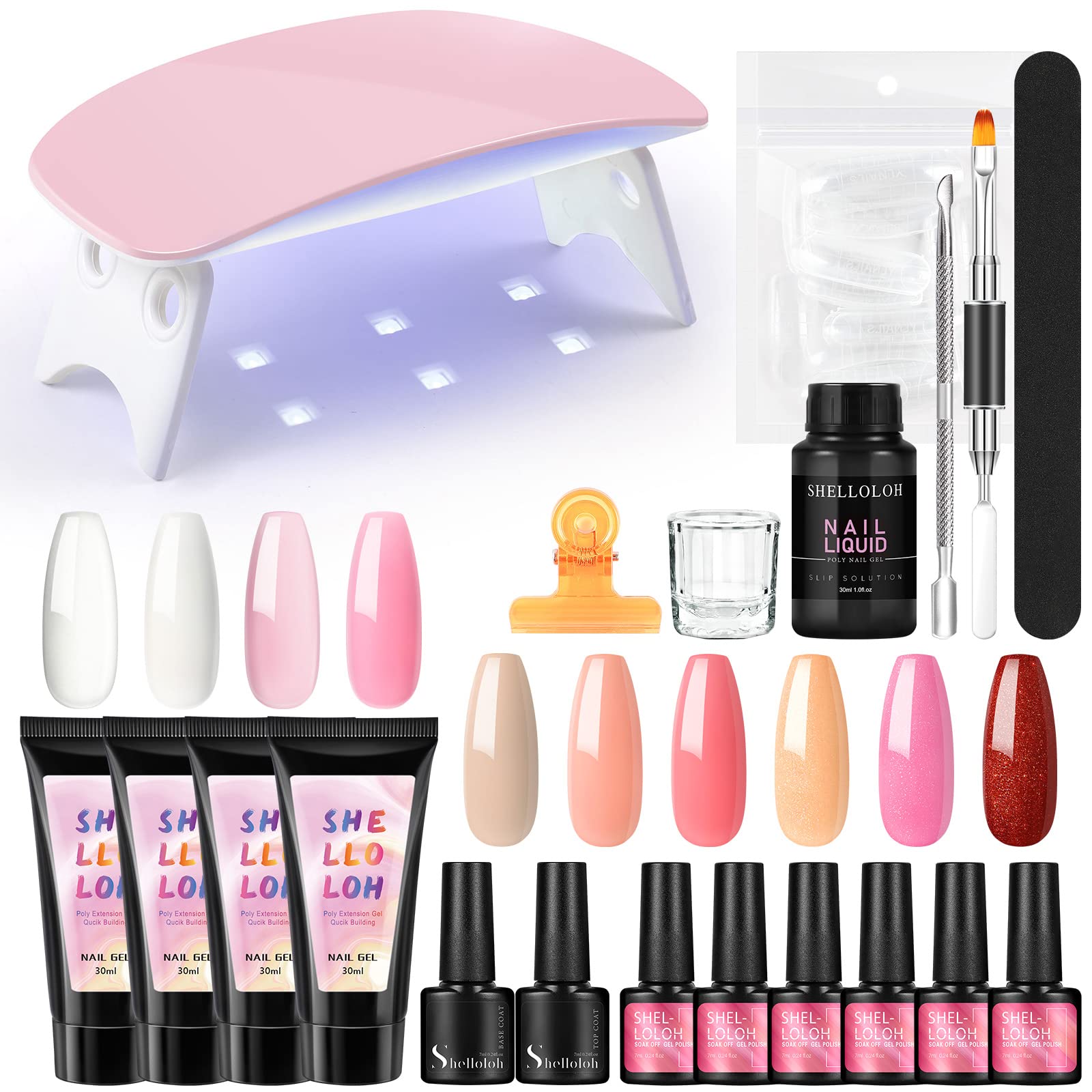 Shelloloh 6pcs Gel Nail Polish Starter Kit with 4pcs Poly Nail Extension Gel, USB LED/UV Lamp, Base & Top Coat - DIY Nail Art Set for Home Salon & Professional Manicures