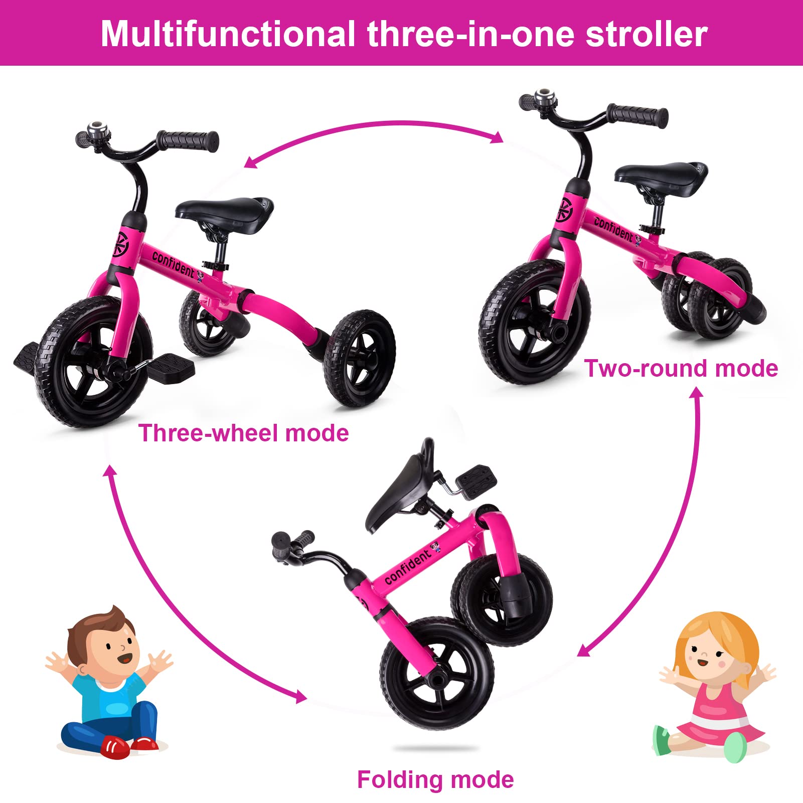 Ancaixin 3-in-1 Adjustable Toddler Tricycle for Kids Ages 2-5 | Convertible Balance Bike with Detachable Pedals & Bell | Foldable Design | Perfect Birthday, Christmas & New Year Gift (Pink) | Ideal for Outdoor Play, Park Rides & Learning to Cycle