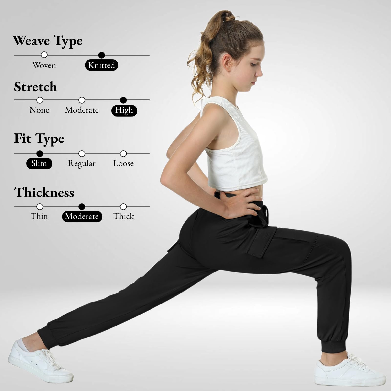 EXARUS Girls Cargo Jogger Pants - Slim Fit with Zip Pockets, Quick Dry Lightweight High Waisted Athletic Pants with Drawstring for Kids 8-14 Years | Perfect for School, Sports & Outdoor Activities