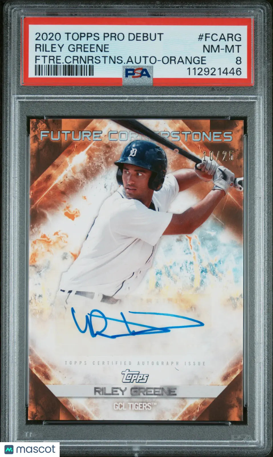 2020 Topps Pro Debut Future Cornerstones Auto Riley Greene Orange PSA 8 /25 - Rare Baseball Card for Collectors & Sports Memorabilia Enthusiasts - Perfect for Display, Investment & Trading