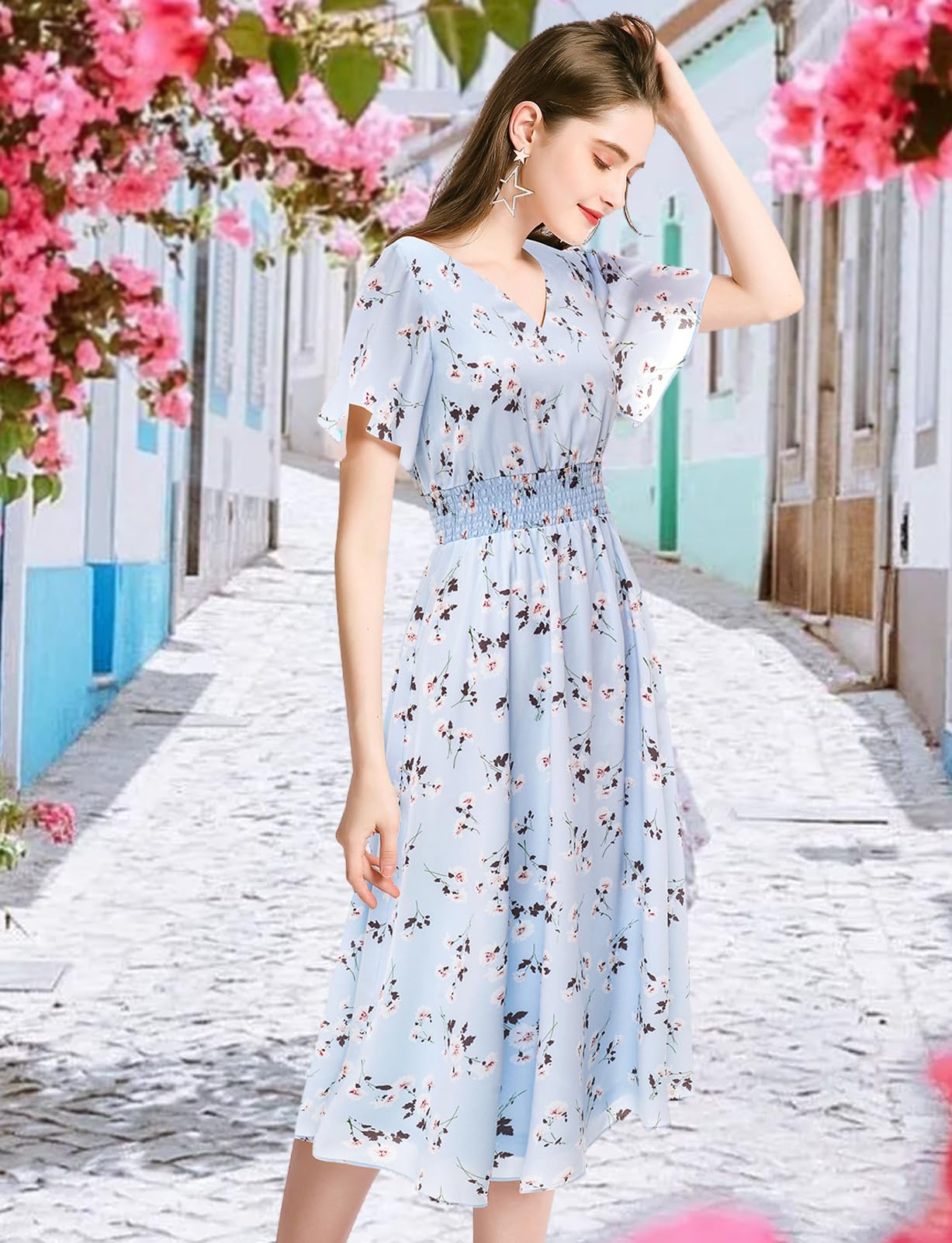 Gardenwed Women's Floral Chiffon Dress - Summer Beach Dress with Elastic Waist | Perfect for Beach Vacations, Pool Parties & Outdoor Events