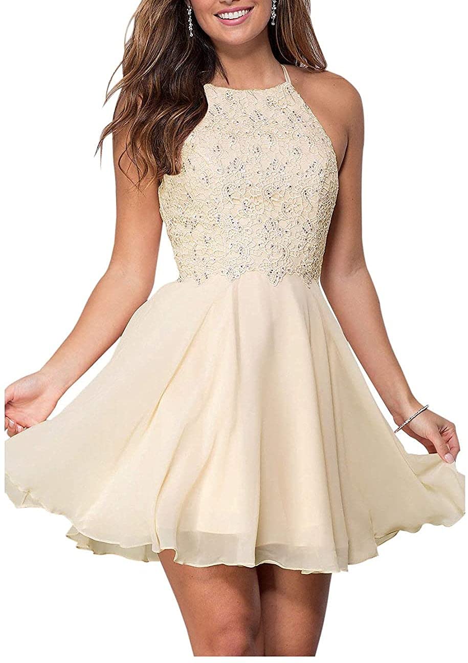 Elegant A-Line Halter Homecoming Dresses for Teens - Short Lace Chiffon Bridesmaid Gowns, Plus Size Formal Dresses with Rhinestone Details | Perfect for Prom, Wedding Party & Special Occasions