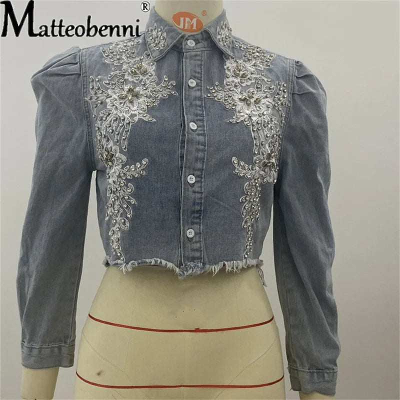 Women's Embroidered Pearl Denim Jacket - Casual Short Jean Coat with Long Sleeves for Autumn | Street Style Outerwear for Daily Wear, Dating, and Weekend Outings