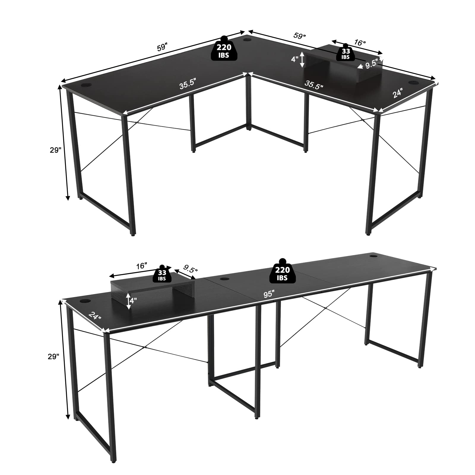 Tangkula L-Shaped Computer Desk with Monitor Stand - Reversible Corner Study Writing Desk for Home Office, 3 Cable Holes, Spacious 2-Person Workstation, Ergonomic Laptop Desk (Black) - Perfect for Small Spaces, Gaming Setup & Remote Work