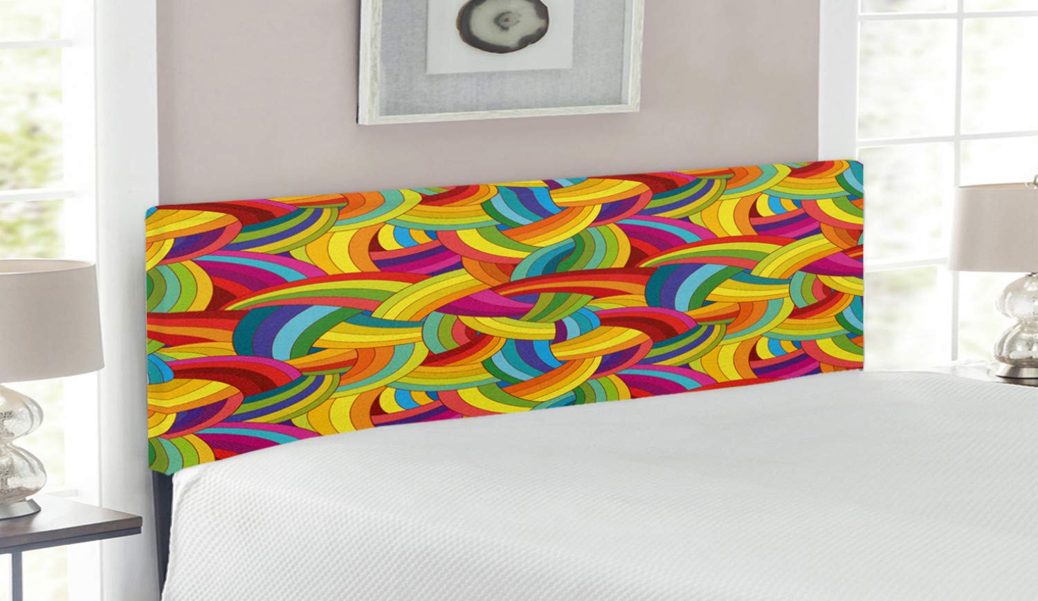 Lunarable Abstract Queen Size Headboard - Funky Rainbow Psychedelic Interlace Circle Pattern, Upholstered Decorative Metal Bed Headboard with Memory Foam - Perfect for Modern Bedroom Decor & Bohemian Style Homes