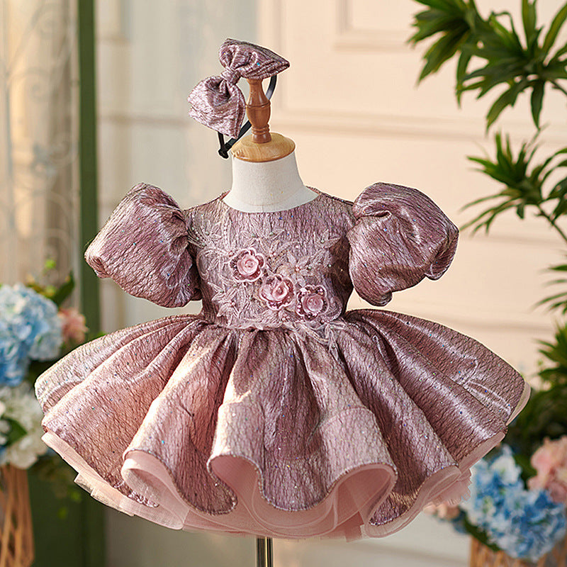 Adorable Girls First Birthday Dress - Floral Lace Flower Girl Gown with Puffy Sleeves & Golden Trim for Princess Party, Baptism, Photo Shoot & Special Occasions
