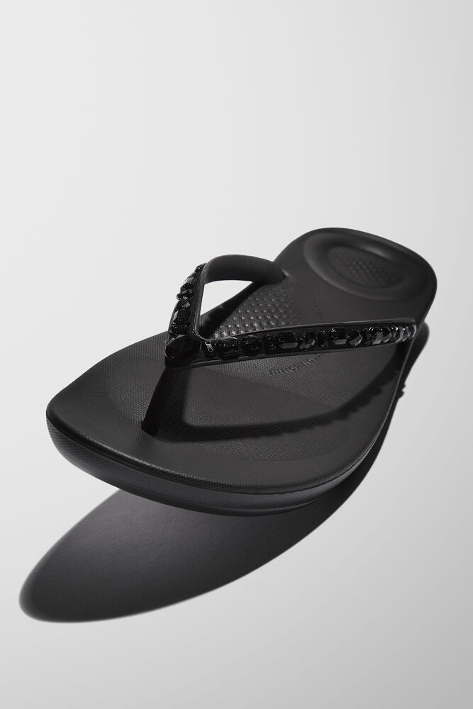 FitFlop Iqushion Multi Crystal Flip Flops Sandals for Women - All Black | Comfortable & Stylish Summer Beach Sandals with Cushioned Support for Walking, Travel & Poolside Relaxation