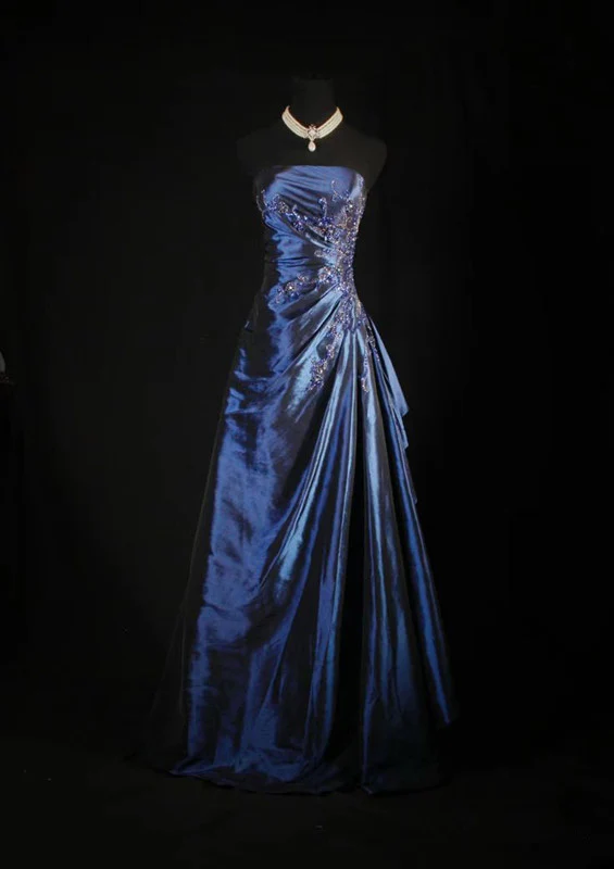 Elegant Navy Blue Strapless Ball Gown - Satin Long Prom Dress with Beaded Details (Style J6746) | Perfect for Homecoming, Formal Dances & Special Occasions