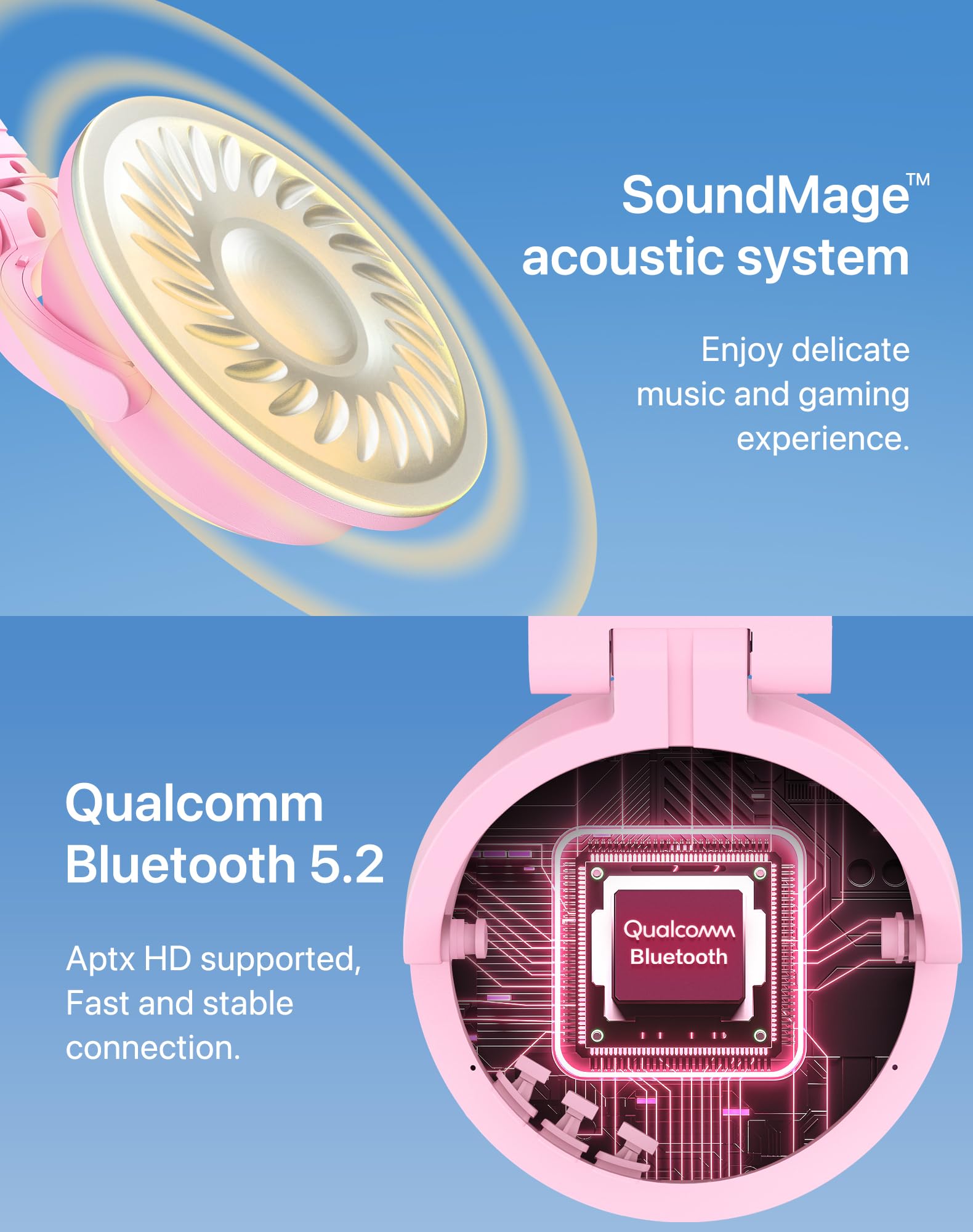 YOWU Cat Ear Headphones CE - Pink Wireless & Wired Gaming Headset with Seamless SoundMage Acoustic System, Built-in Mic & RGB Lights for PC, PS5, Switch - Perfect for Gaming, Streaming & Cosplay
