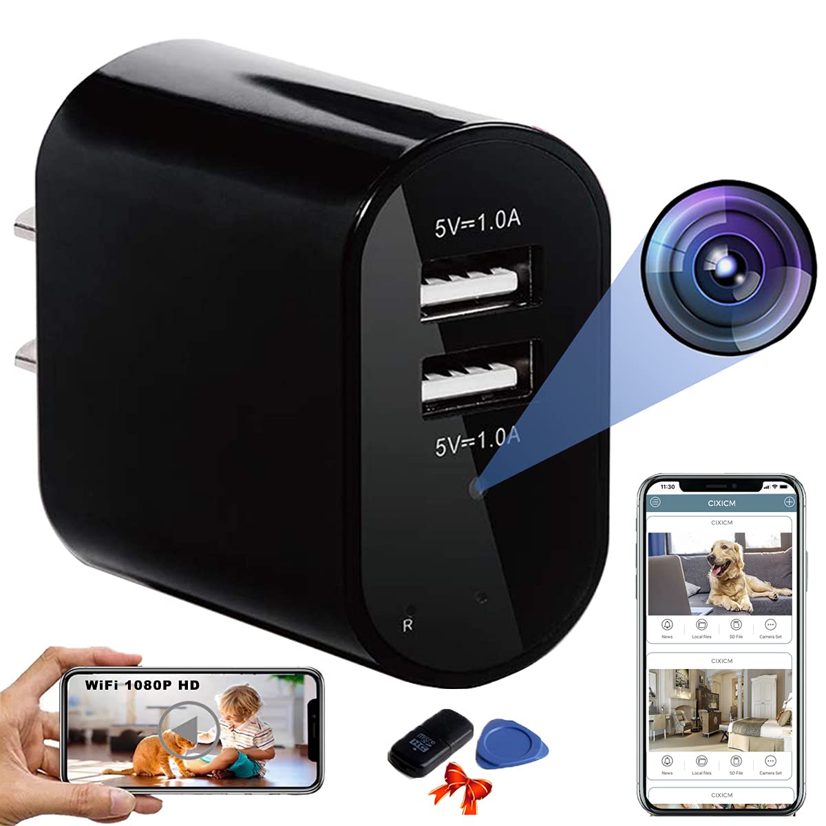 Wireless Hidden WiFi Charger Spy Camera with 1080P HD, Remote View & Motion Detection - Indoor Security Camera for Home, Office, Baby Monitor & Nanny Cam - Black