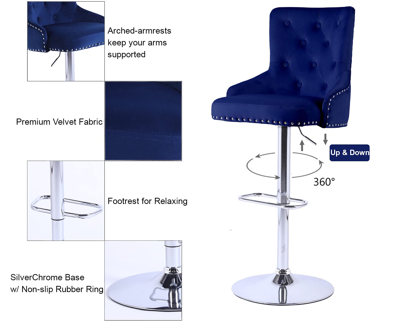 4-Piece Blue Velvet Bar Stool Set - Adjustable Height, Swivel & Back Support - Perfect for Kitchen Island, Breakfast Bar & Dining Room - Modern Counter Stools for Home & Restaurant Use