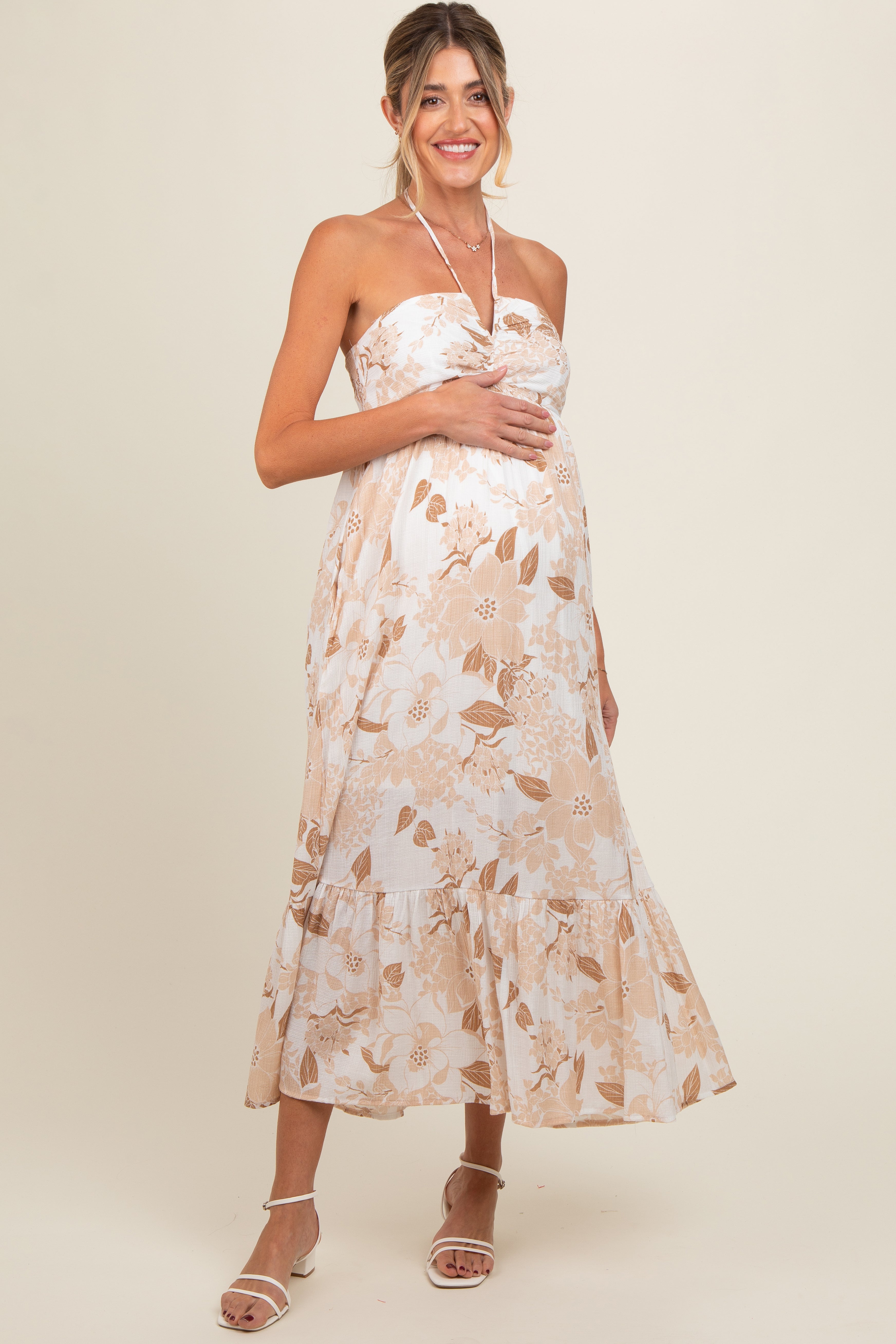 Beige Floral Ruched Front Halter Maternity Midi Dress for Pregnancy Photos, Baby Showers & Special Occasions