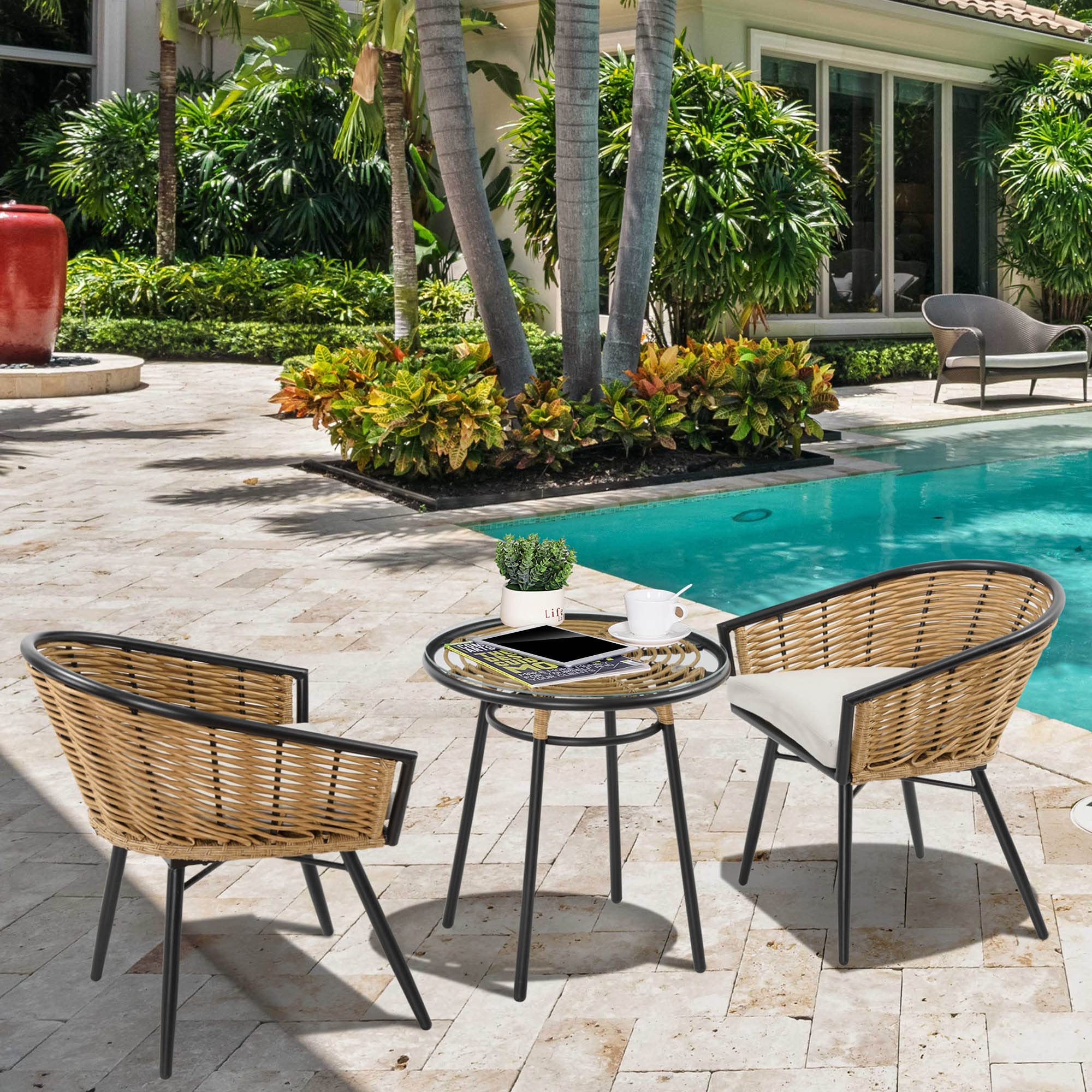 Outsunny 3-Piece Patio Set - PE Rattan Wicker Outdoor Bistro Table and Chairs with Cushions & Tempered Glass Top | Hand-Woven Barrel-Style Garden Furniture for Backyard, Porch, Poolside (Cream White) | Perfect for Outdoor Dining, Relaxing & Entertaining