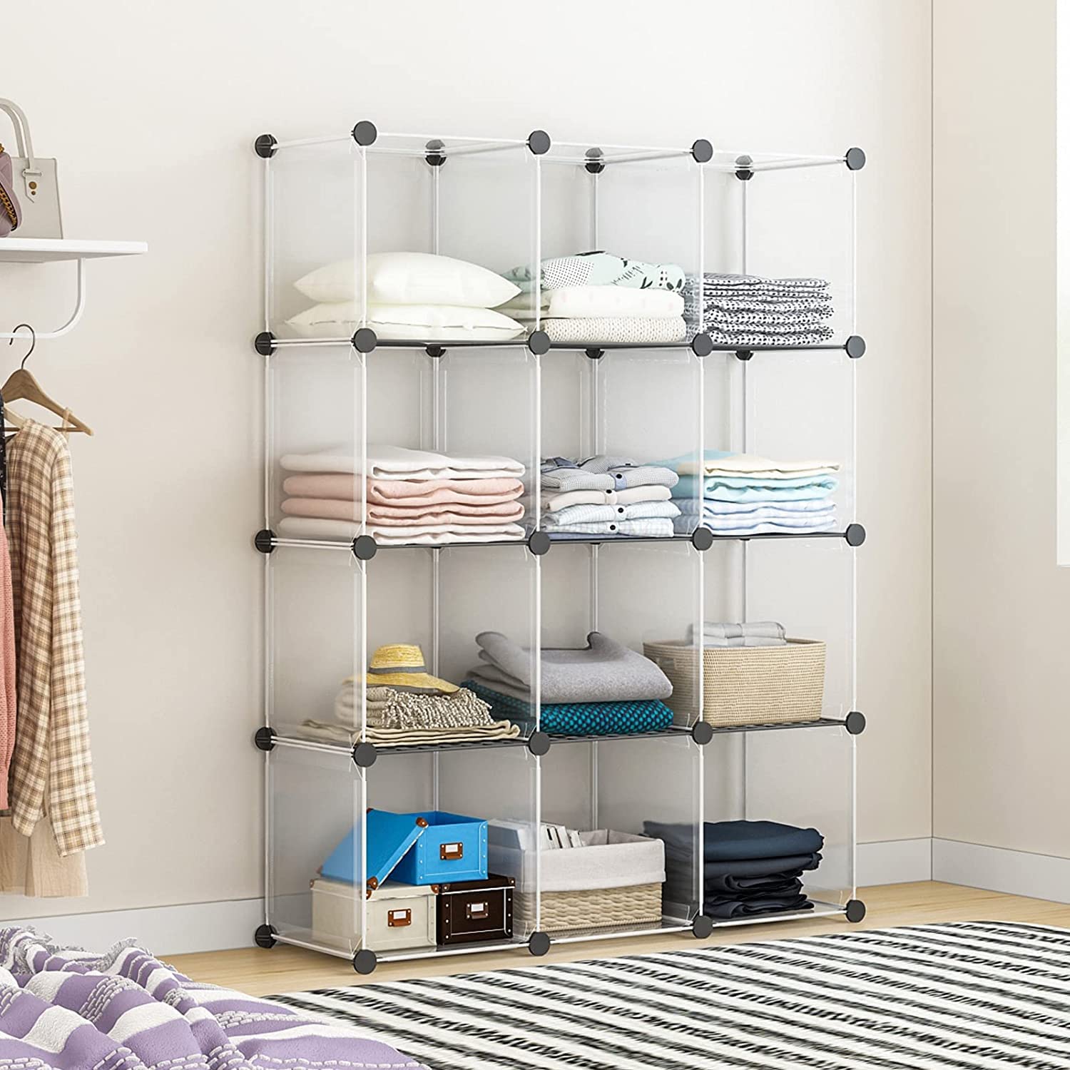 Aeitc 12-Cube Closet Organizer with Wire Panels - Portable Storage Shelves for Closet, Bookshelf & Cubby | White | Ideal for Bedroom, Office & Kids Room Organization