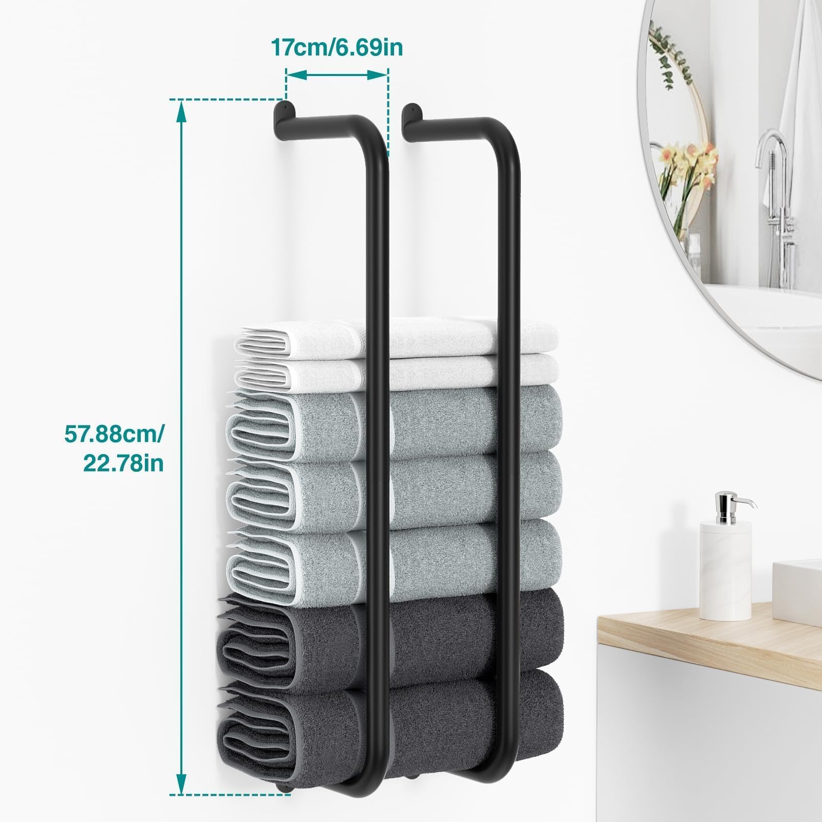 Stainless Steel Wall Mounted Towel Rack Holder for Bathroom - Holds 5 Large Rolled Towels - 22.78 Inch Black Matte Finish - Perfect for Spa, Gym & Luxury Home Decor