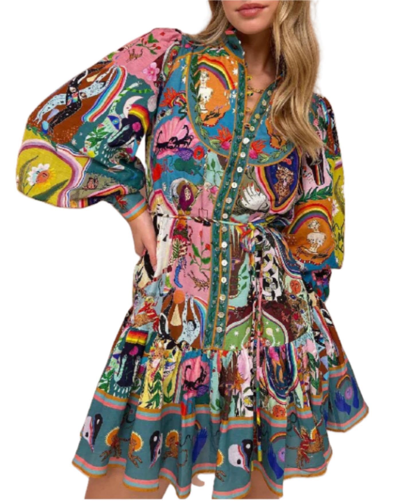 Women's Floral Print Puff Sleeve Summer Shirt Dress with Belt - Button Down Mini Dress for Casual Wear, Beach Outings & Date Nights