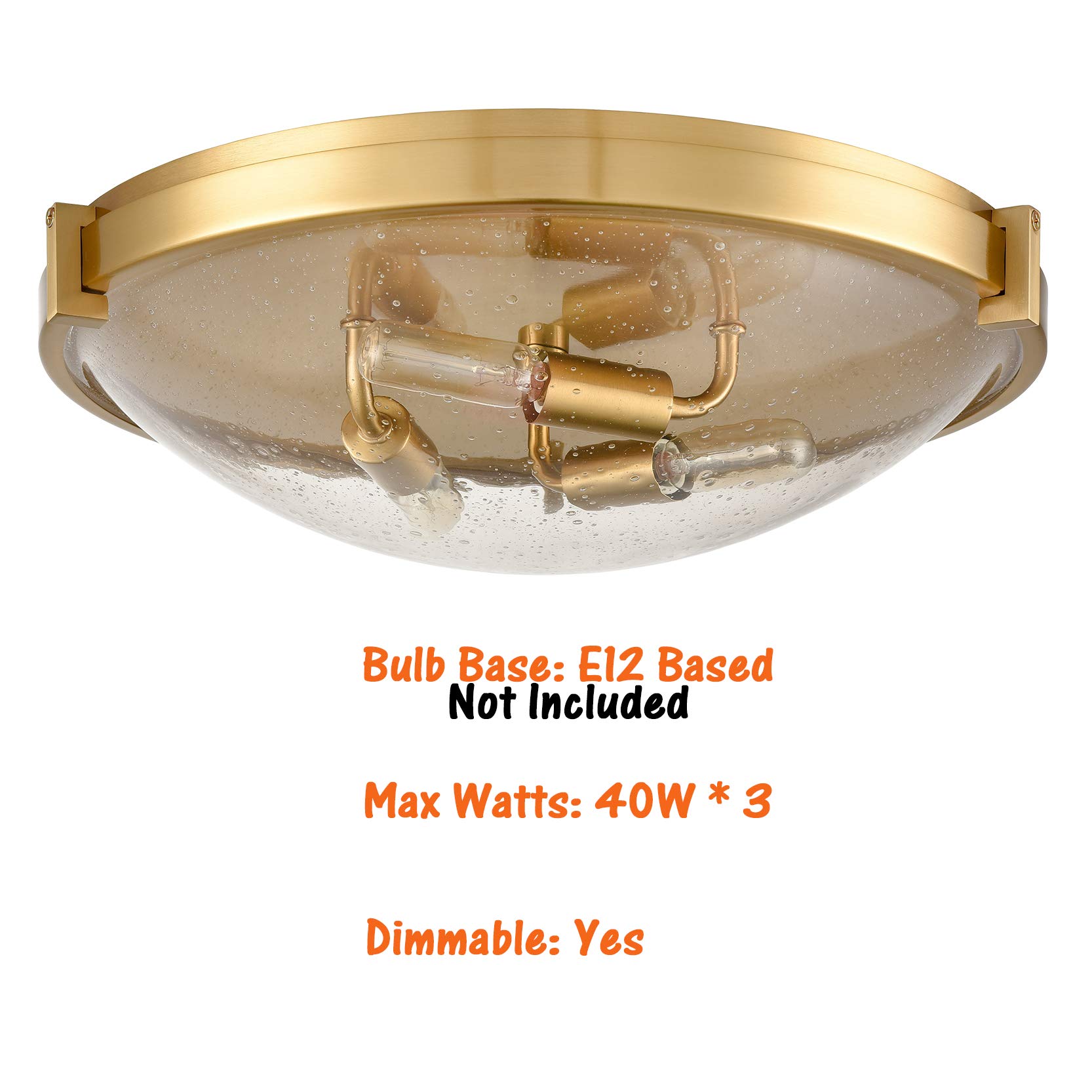 HYDELITE Large Modern Brass Flush Mount Ceiling Light - Gold 3-Light Fixture with Seeded Glass for Living Room, Bedroom, Kitchen | Elegant Lighting for Home & Office Spaces