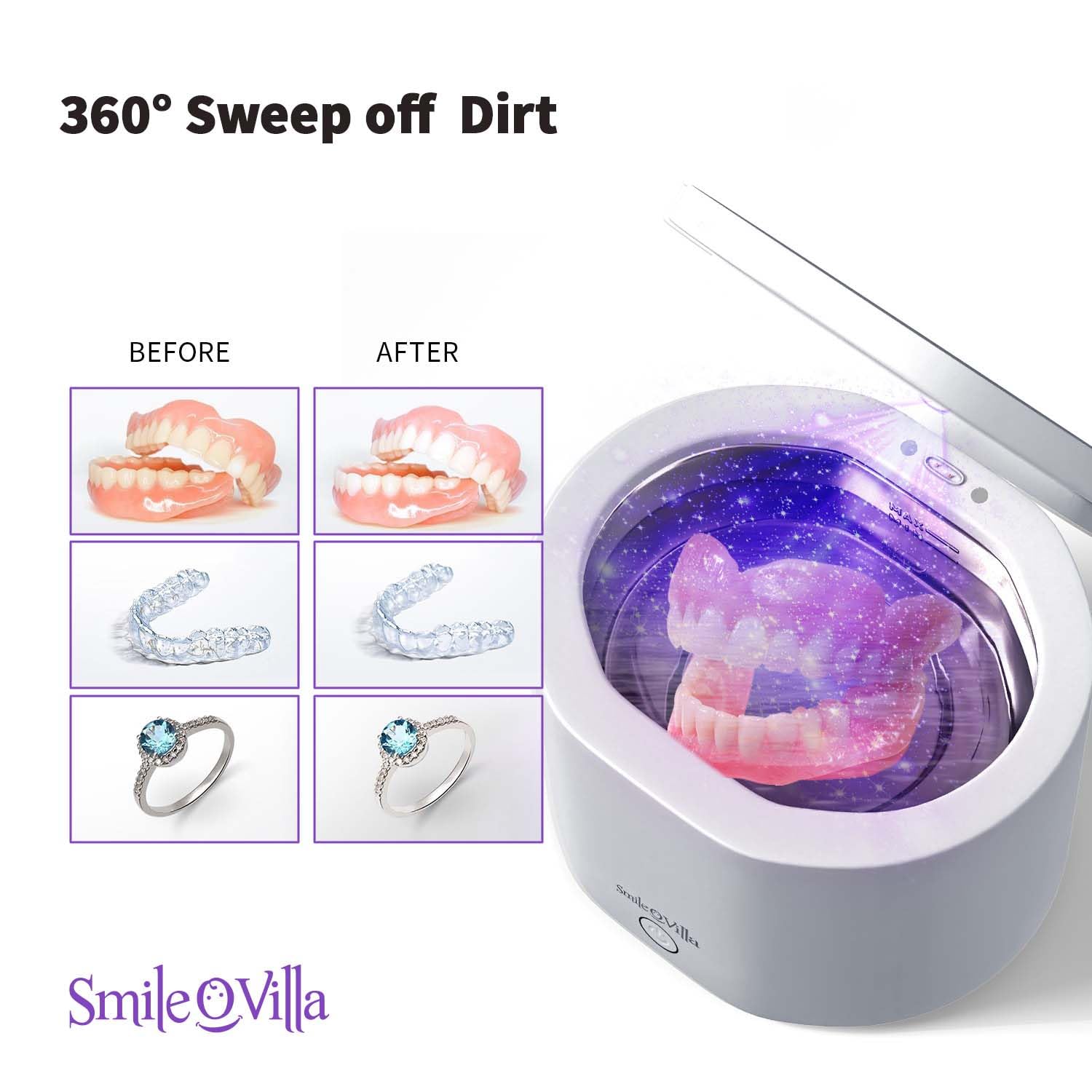 Professional Ultrasonic Jewelry & Dental Cleaner with UV Light - Sonic Cleaner for Retainers, Invisalign, Dentures, Mouth Guards, Night Guards - Perfect for Home & Travel Dental Care