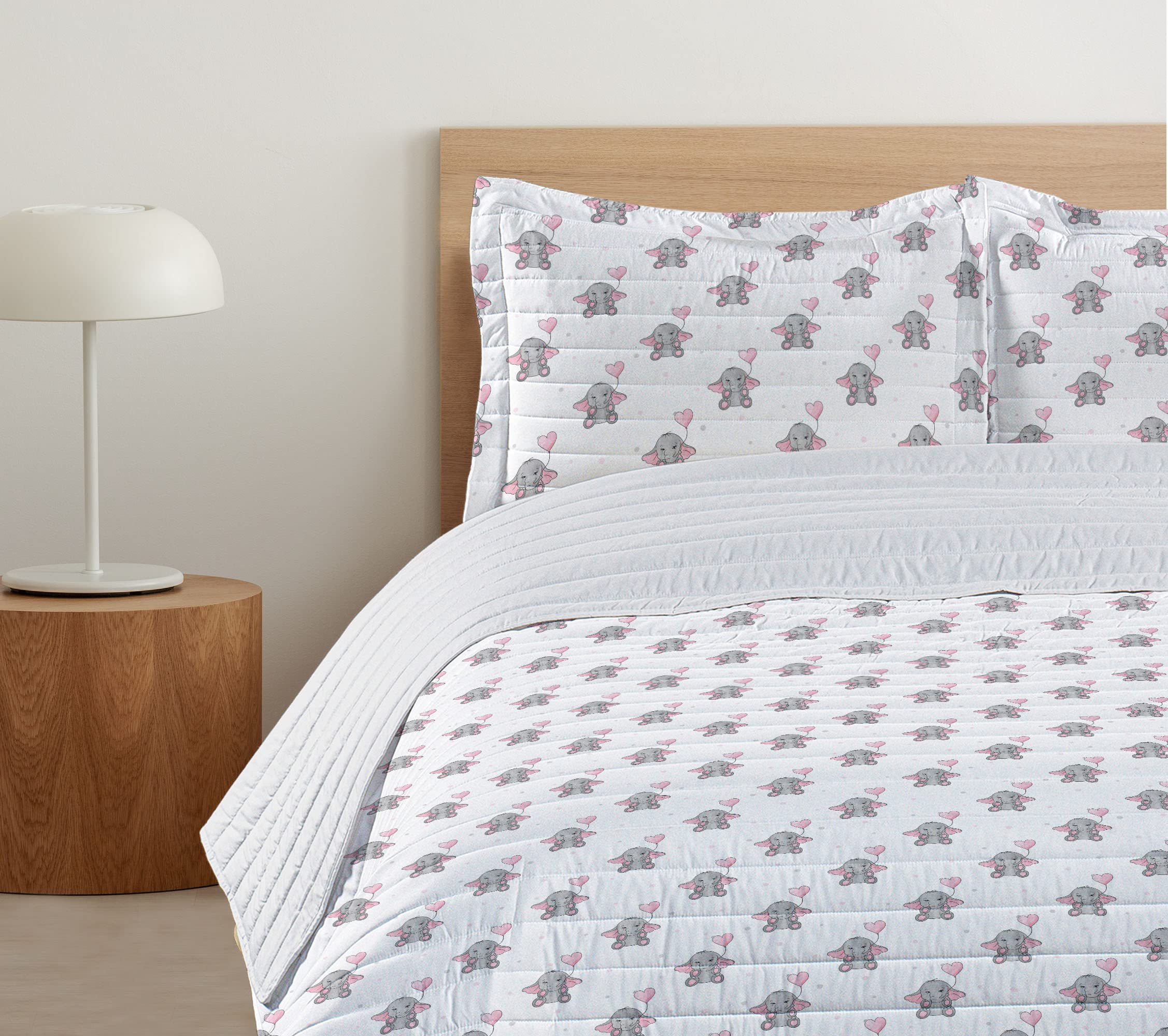Ambesonne Animal Cartoon Microfiber Bedspread Set - Pink Balloons Girlish Design with Heart-Shaped Details | Soft Queen Size Bedding Set Includes Comforter & Pillow Shams | Grey Pale Pink White | Perfect for Girls' Bedrooms, Teen Rooms & Nursery Decor