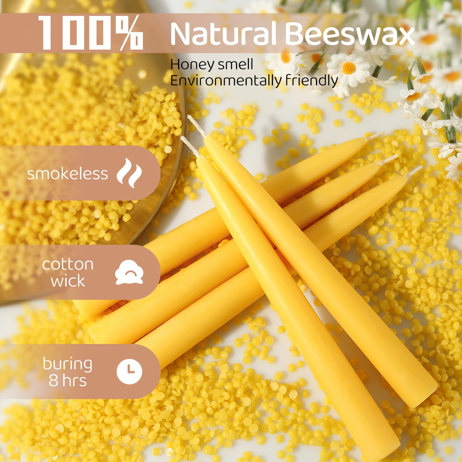 12 Pack 8in Dripless Pure Beeswax Taper Candles - 100% Natural, Long Burning (8 Hours), Smokeless & Unscented Beeswax Candle Sticks for Home Decor, Prayer, Meditation, Romantic Dinners & Special Occasions