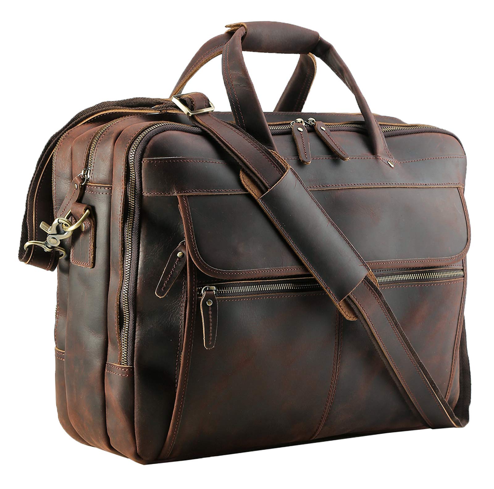 Polare 18 Inch Full Grain Leather Laptop Briefcase for Men - Fits 17.3 Inch Laptop, Durable Business Work Bag & Overnight Travel Bag - Perfect for Office, Commuting & Business Trips