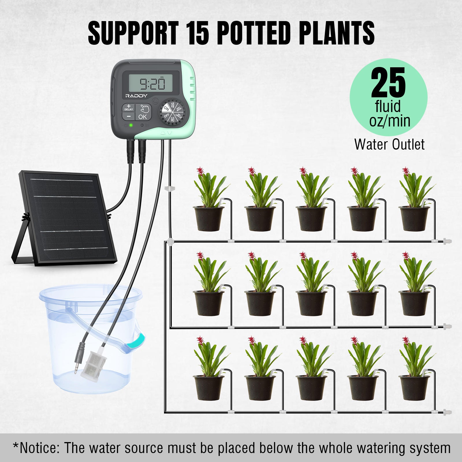 Raddy WS 1 Solar Drip Irrigation Kit - Automatic Plant Watering System with Dual Power Supply & Programmable Timer - Perfect for Gardens, Greenhouses, and Outdoor Plant Care