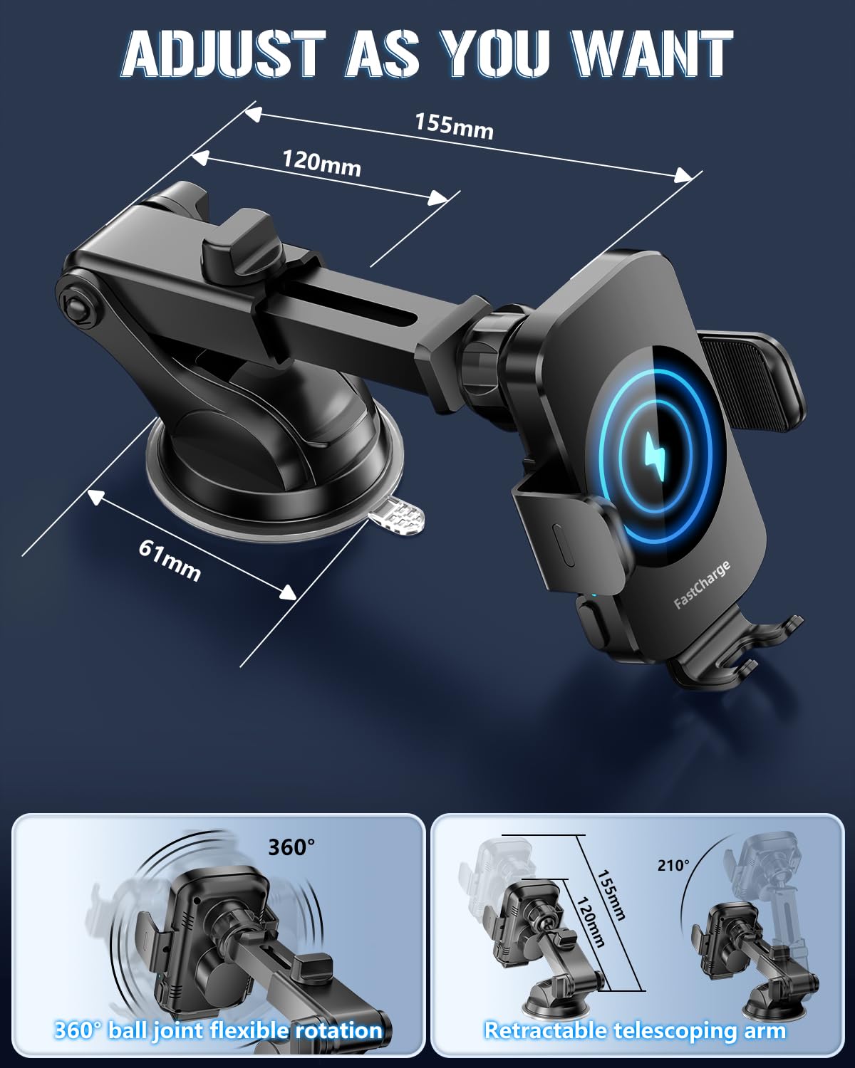 Fast Wireless Car Charger & Phone Holder - 3-in-1 Auto Clamping Car Mount Compatible with iPhone 16/15/14/13/12/11/XS/XR & Samsung S23 Ultra/S22/S21/S20/S10+/S9+/Note 9 - Perfect for Commuting, Road Trips & Hands-Free Driving