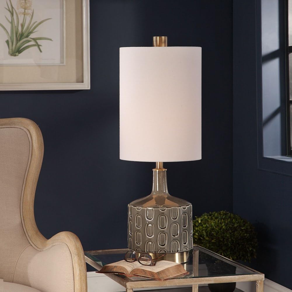 Modern 1-Light Gray Ceramic Table Lamp with White Linen Drum Shade - 3-Way Switch for Bedroom, Living Room & Office Lighting
