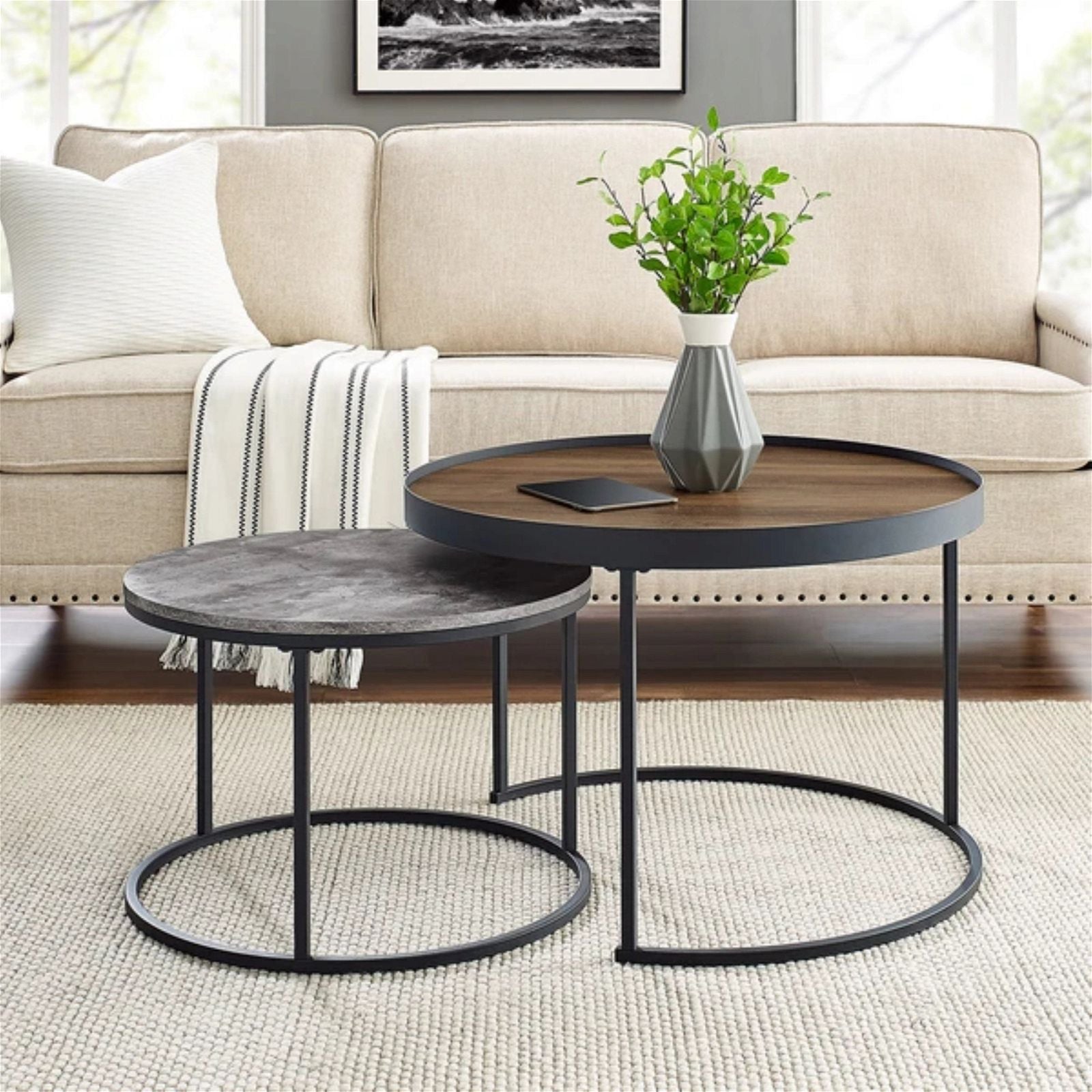 Modern Nested Coffee Table Set - Walnut & Cement Design by Urban Style for Living Room, Lounge, or Office Decor