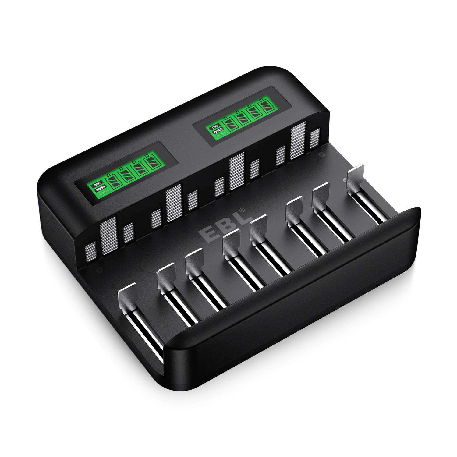 EBL LCD Universal Battery Charger for AA AAA C D Rechargeable Batteries - 8 Bay Ni-MH Battery Charger with 2A USB Port & Type C Input, Fast Charging for Home, Office, Travel, and Emergency Power Needs (Model 9008)
