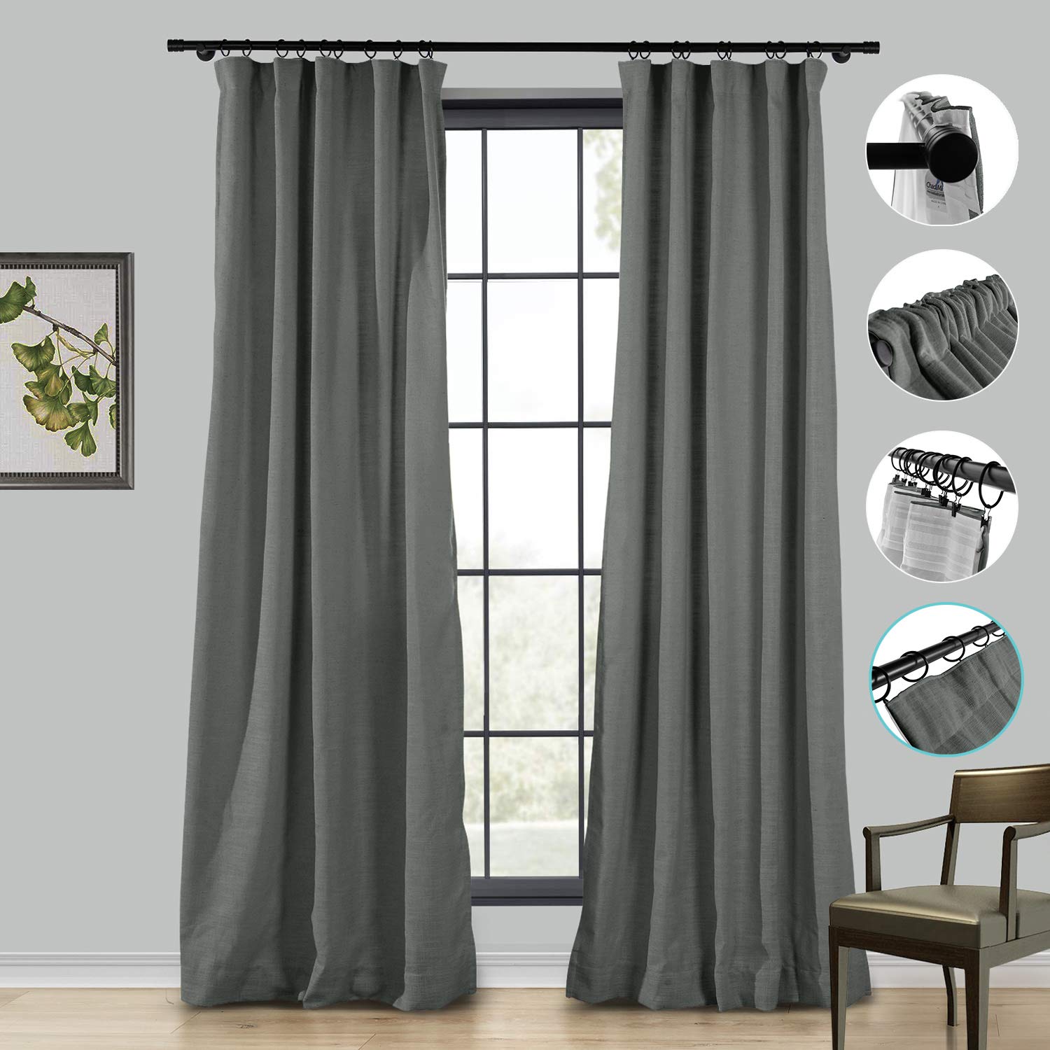 ChadMade 100% Blackout Linen Curtains 100W x 84L Inches - Room Darkening Window Drapes with 4-in-1 Header (Rod Pocket, Back Tab, Flat Hooks, Hook Belt) in Carbon Grey - Perfect for Bedroom, Living Room & Home Theater Light Blocking (1 Panel)