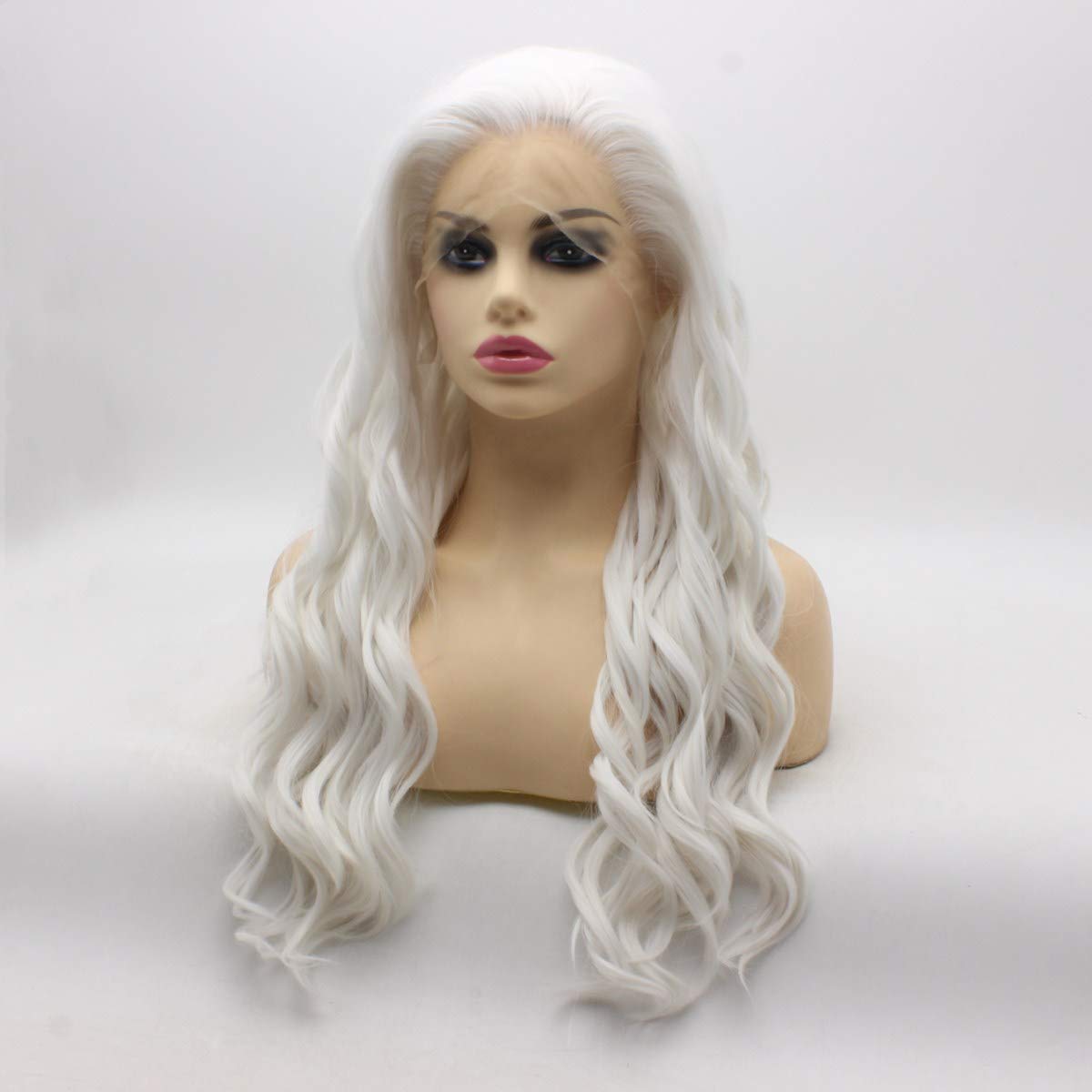 Heat Resistant Synthetic Lace Front Wig - Long Wavy White Half Hand Tied Hairpiece for Halloween Costume, Cosplay, Parties & Themed Events