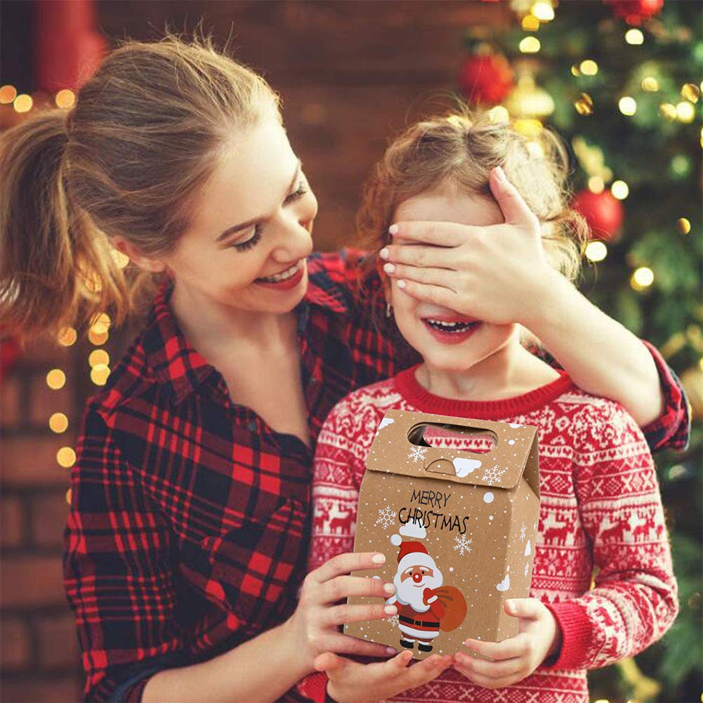 CCINEE 12-Pack Christmas Kraft Paper Gift Bags - Santa & Reindeer Print Cookie Candy Bags for Holiday Parties, Kids Favors, Xmas Treats & New Year Gifts - Perfect for Classroom Exchanges, Office Celebrations & Festive Gift Wrapping