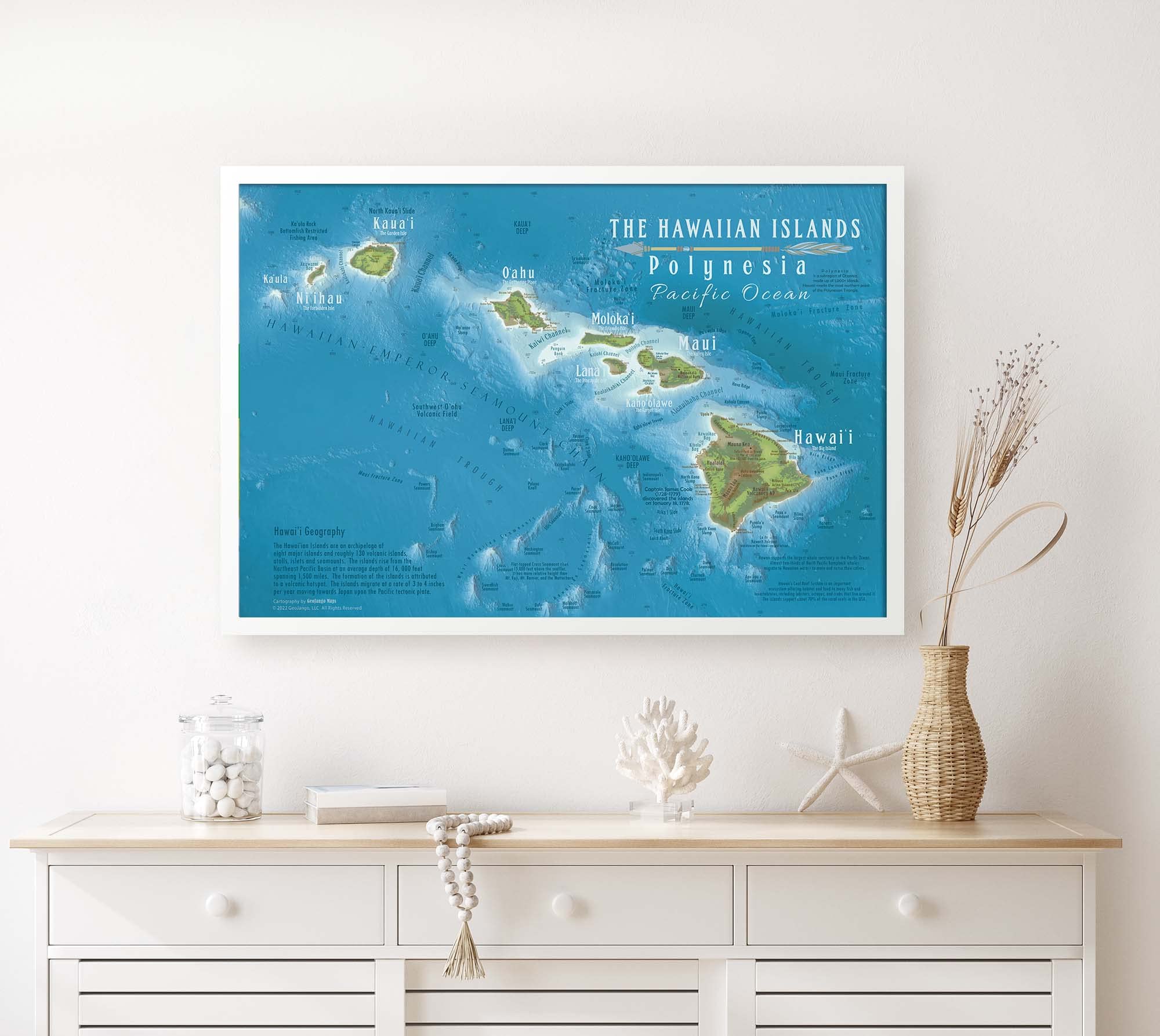 Hawaii Map Wall Art - 36x24 Inch Framed Hawaii State Map with 500 Travel Pins - Professional Geographer Designed Hawaiian Decor for Home, Office & Travel Inspiration