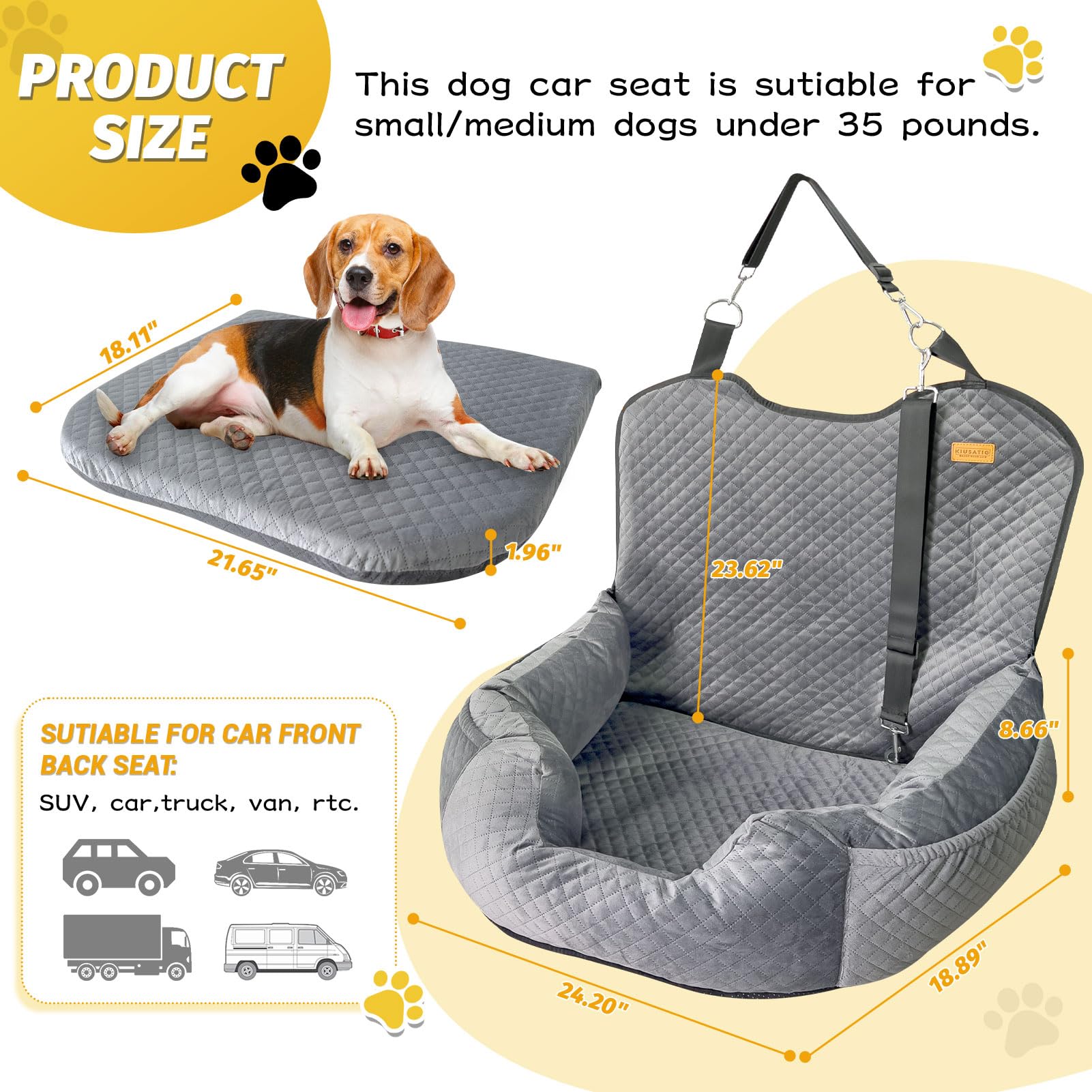 Washable & Detachable Dog Car Seat for Small Dogs Under 35lbs - Travel Booster Seat with Storage Pockets & Safety Belt - Perfect for Road Trips, Vet Visits & Daily Commutes