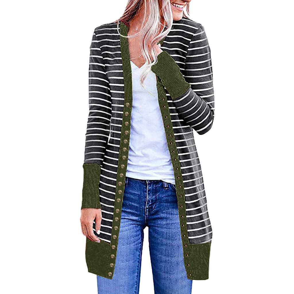 Women's Casual Long Sleeve Striped Patchwork Cardigan - Button Down Open Front Blouse Coat for Fall & Winter | Perfect for Office, Layering, and Everyday Wear
