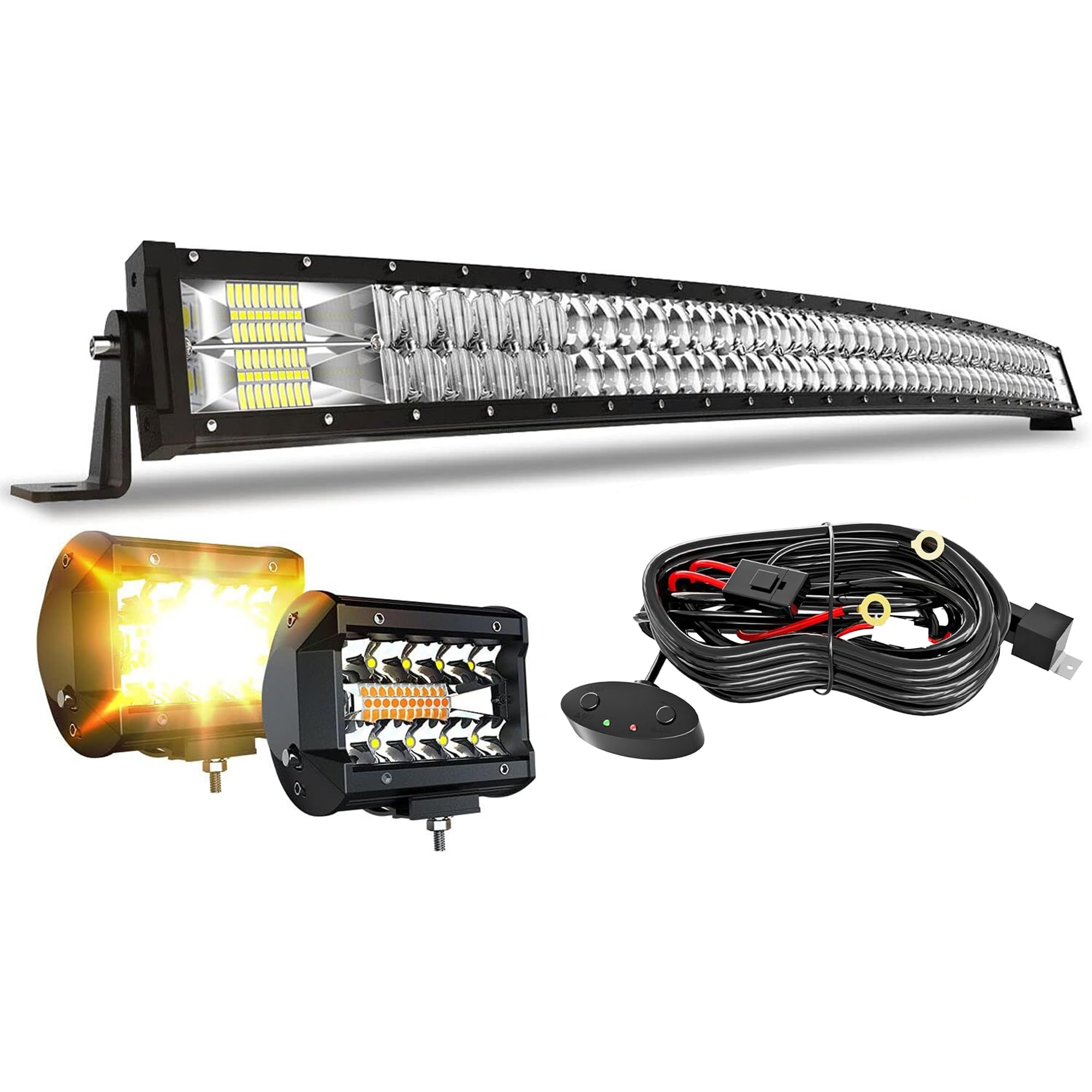5D 52-Inch Curved LED Light Bar + 4-Inch White/Amber LED Pods - Offroad Strobe Fog Lights with Wiring Harness & Switch - Spot Flood Combo Beam for Trucks, Pickups, ATVs - Perfect for Night Driving, Off-Road Adventures & Emergency Lighting