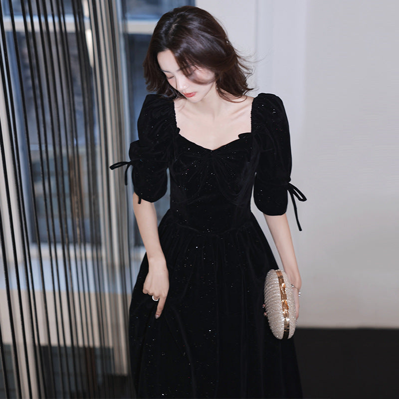 Elegant A-Line Velvet Long Prom Dress with Mid Sleeves - Black Formal Evening Gown for Homecoming, Wedding Guest, Cocktail Party & Special Occasions