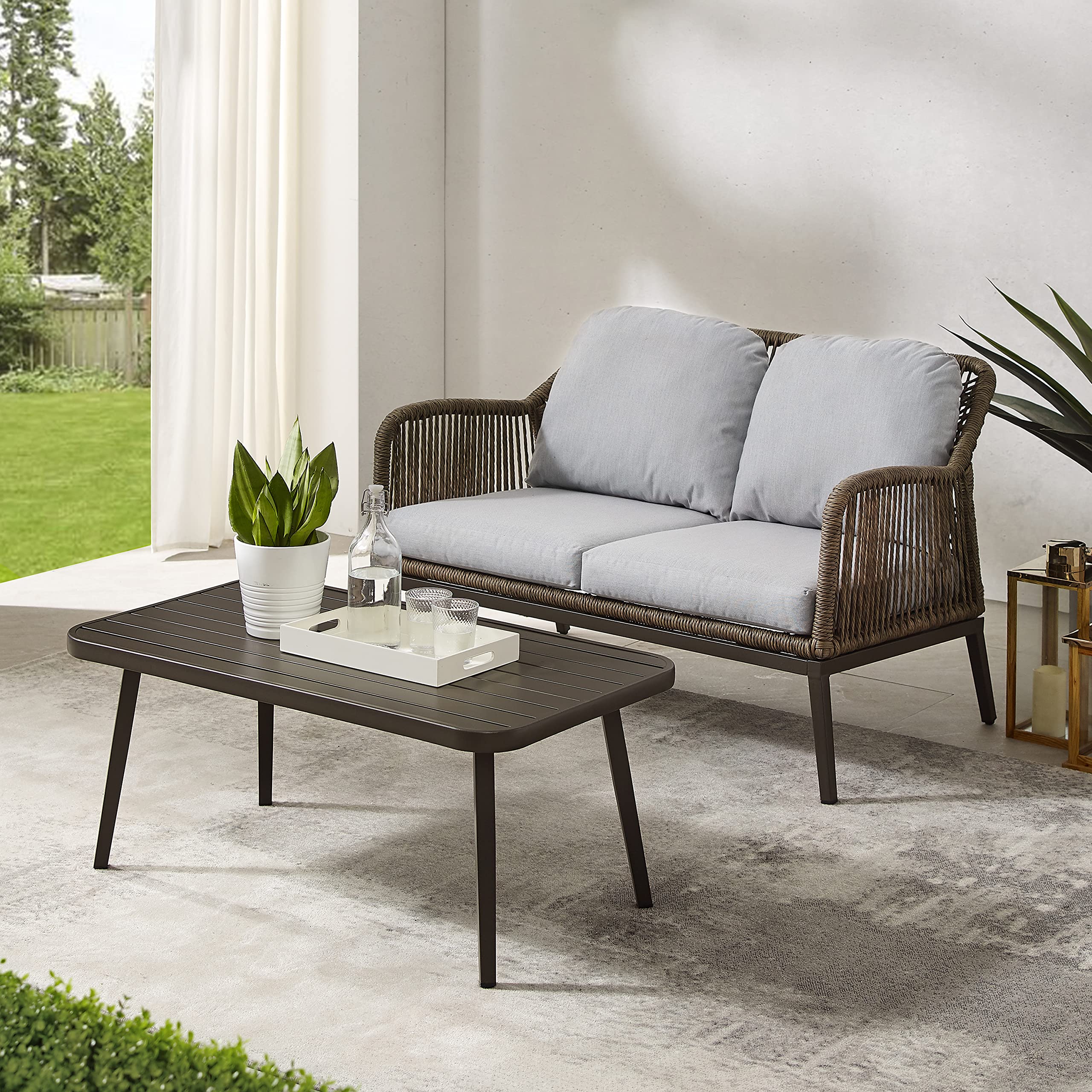 Crosley Furniture Haven 2-Piece Wicker Outdoor Coffee Table and Loveseat Set - Light Brown Patio Furniture with Gray Cushions for Porch, Garden & Backyard Relaxation