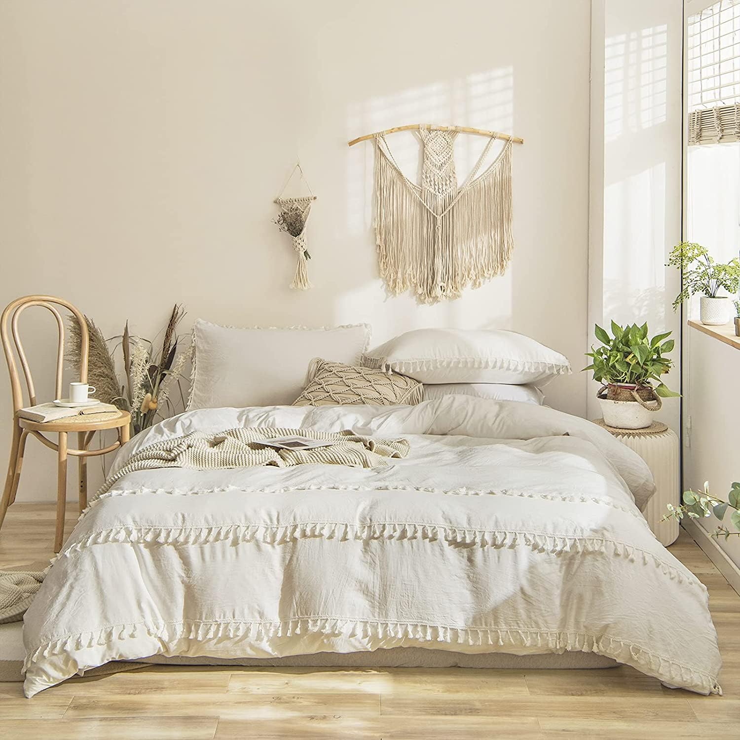 Boho Ivory Tassel Duvet Cover Set - Queen, Full, King, Twin Sizes - 100% Cotton Tufted Comforter Cover with Fringes (Oversized 98x120 Inches) - Perfect for Bohemian, Farmhouse & Modern Bedroom Decor