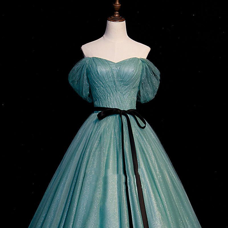 Elegant Green Off Shoulder Prom Dress - A-Line Formal Evening Ball Gown for Women - Perfect for Homecoming, Wedding Guest & Special Occasions